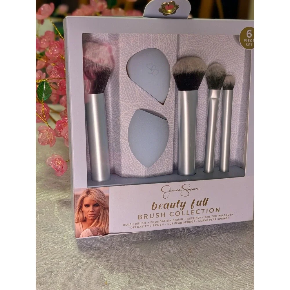 Jessica Simpson Beauty Full Brush Collection 6pc Brushes + Sponges Silver/Blue